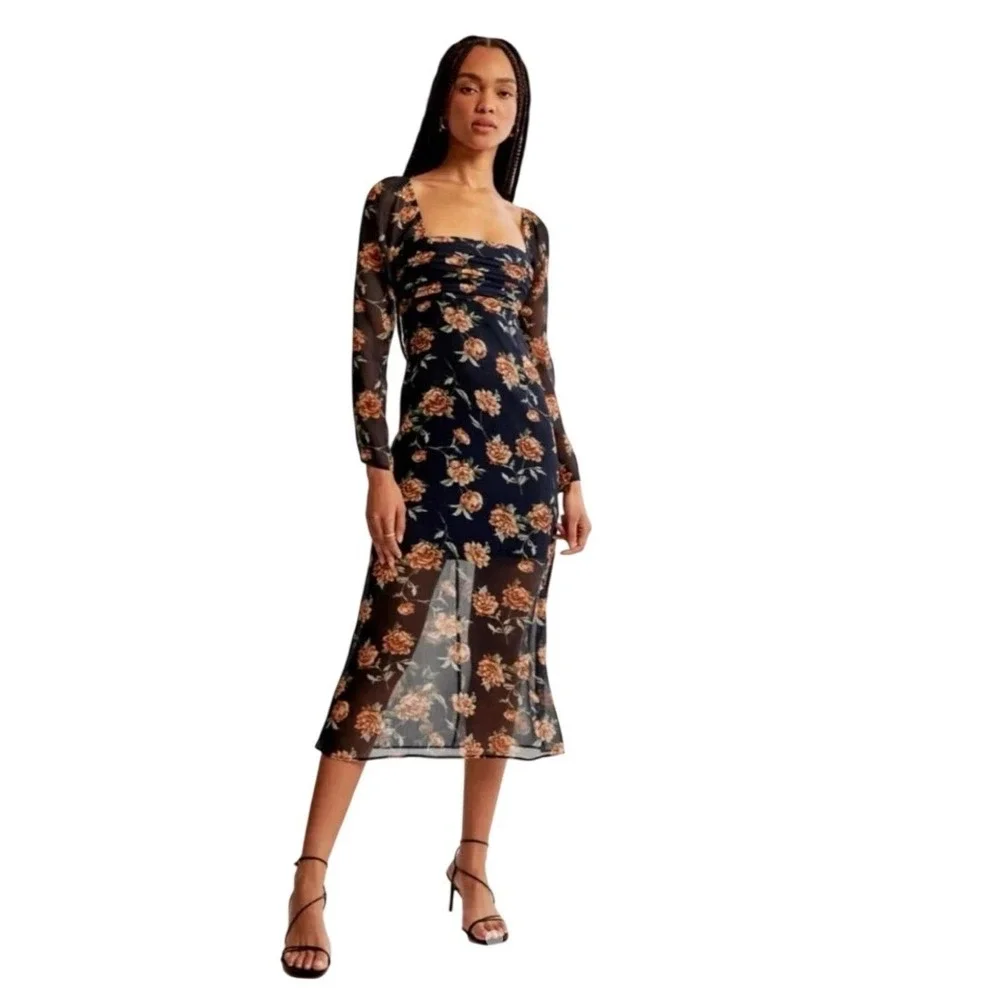 Abercrombie & Fitch Emerson Babydoll Floral Long Sleeve Midi Dress Size L Navy